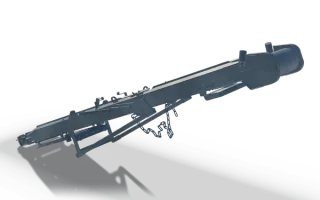 Side discharge conveyor, 4 m, in raw steel: an inclined belt frame with a head drum at its upper end, a braced support arm and a chain hanging below it.