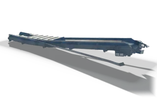 Folding belt conveyor frame, 10.1 m, in raw steel: a trough frame with plated sides, a drive drum and a hinged tail section shown folded out.