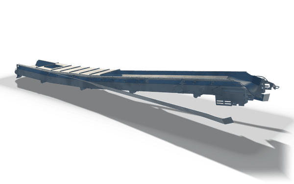 Folding belt conveyor frame, 10.1 m, in raw steel: a trough frame with plated sides, a drive drum and a hinged tail section shown folded out.