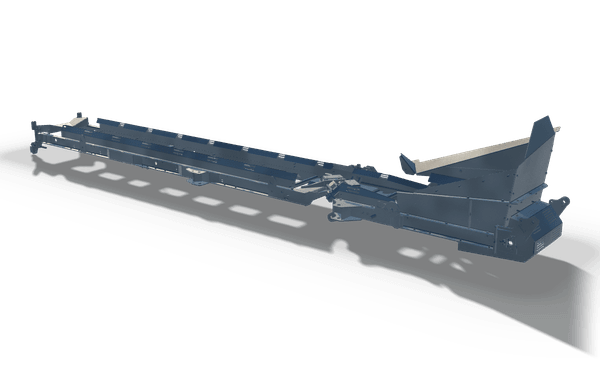 Conveyor frame with feed chute, 6.6 m, in raw steel: a long slim frame of two side rails with cross members, ending in a plated feed chute with raised side walls.