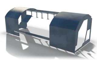 Machine guard enclosure with rounded panels, 5 m, in raw steel: two hood sections with rounded tops at the ends of a long base rail, joined by a top rail with a row of hangers, the middle left open.