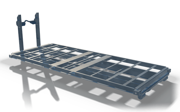 Roll-off floor grid with hook front, 6.4 m, in raw steel: a flat floor grid of rails and cross members with two plate strips, rollers at one end and an upright hook frame with a hook bar at the other.