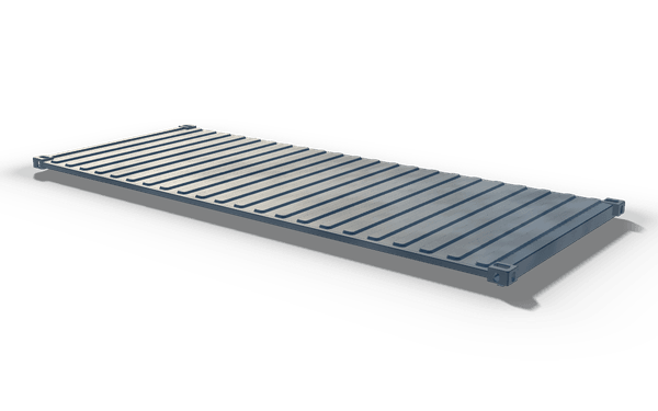 Corrugated roof panel, 6.1 m, in raw steel: a container roof panel of corrugated sheet in a flat rim frame, with a corner casting at each corner.