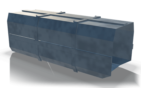 Container body, 6.4 m, in raw steel: a plated body with sloped skirts and an open rear end.