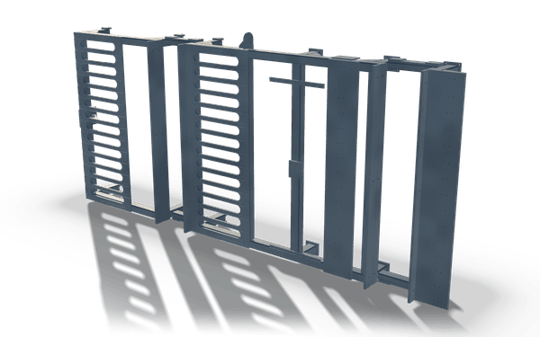 Frame with slatted panels, 4.7 m, in raw steel: a row of upright panels in one frame, two of them with horizontal slats, with open bays between them and narrow plate panels at one end.