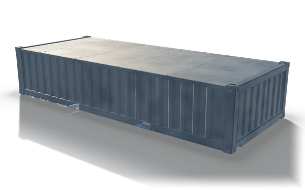 Container system, frame variant, 6 m, in raw steel: a half-height body with corrugated side walls, a flat sheet roof and corner castings.