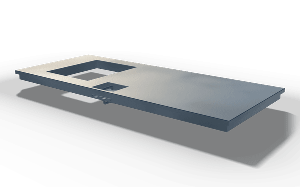 Container door set, in raw steel: a flat plated panel with two rectangular openings, lying flat.
