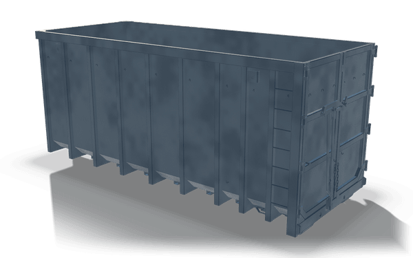 Container general arrangement, 6.3 m, in raw steel: an open-top plated body with vertical stiffeners and rear doors.
