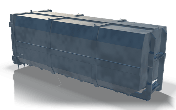 Container steelwork, 6.9 m, in raw steel: a plated body with sloped side skirts and a rear frame with lifting brackets.