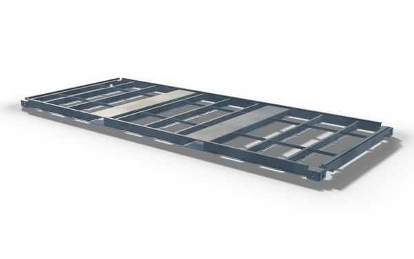Container floor frame, 6.1 m, in raw steel: a flat floor frame with corner castings, long side rails, closely spaced cross members and two plate strips across its width.