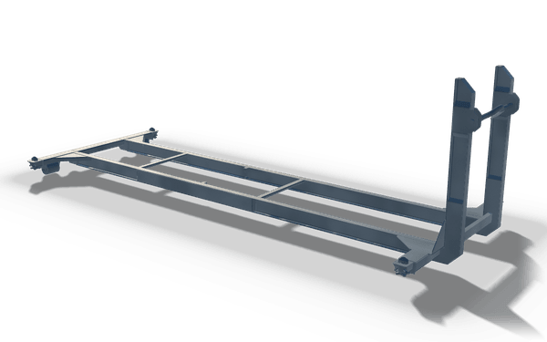 Roll-off base frame with hook front, 6.4 m, in raw steel: two long rails joined by cross members, with rollers at both ends and an upright hook frame with a hook bar at the front.
