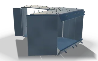Machine housing with bolted liner plates, 2.2 m, in raw steel: an angled housing of thick plates, open at the front, with liner plates held by rows of bolts on its roof and floor and a separate door plate at the side.