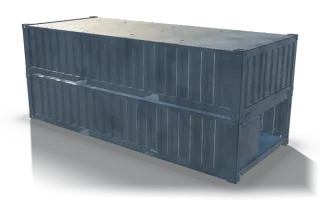 Two stacked half-height container units, 6.1 m, in raw steel: two half height container units stacked on their corner castings, with corrugated side walls, a plate roof with round ports and an open end.