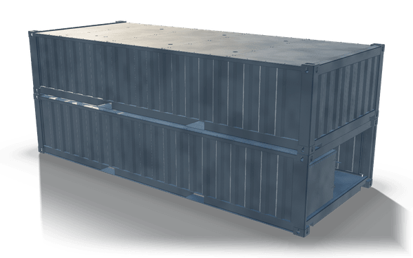 Two stacked half-height container units, 6.1 m, in raw steel: two half height container units stacked on their corner castings, with corrugated side walls, a plate roof with round ports and an open end.