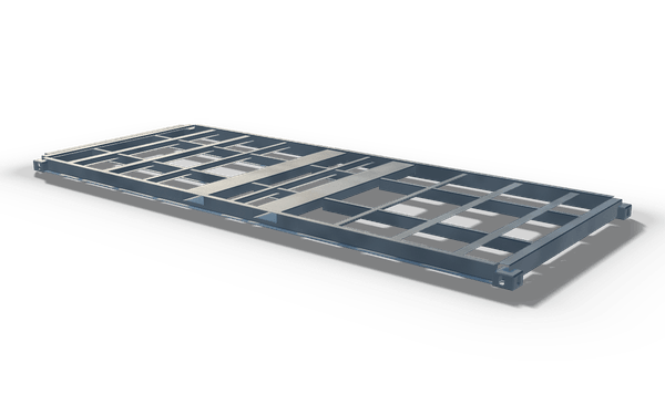 Platform base frame with corner castings, 6.1 m, in raw steel: a flat base frame with corner castings, wide bays between its cross members, short longitudinal members in each bay and two plate strips across the middle.