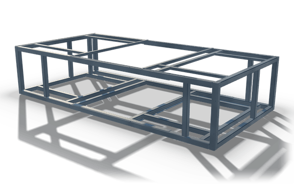 Hollow section enclosure frame, 4.5 m, in raw steel: a low open cage of hollow sections with corner posts, cross rails in the top and a second ring of rails near the floor.