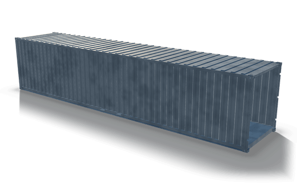 Container shell with open end, 12.2 m, in raw steel: a long container shell with corrugated side walls and a corrugated roof, open at one end, seen along its full length.