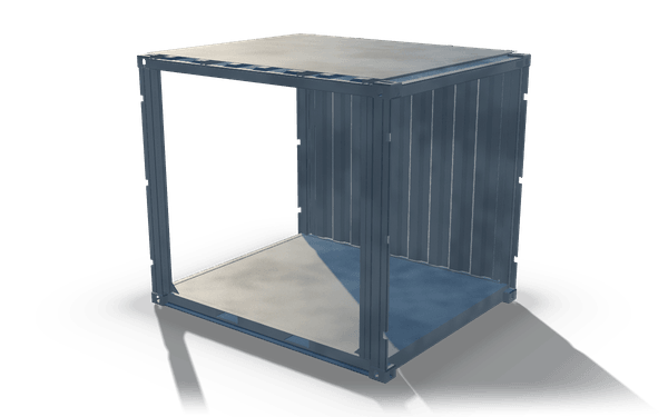 Container shell with open sides, 3 m, in raw steel: a short container frame with a plate roof and a plate floor, one corrugated wall, and one long side and one end left open.