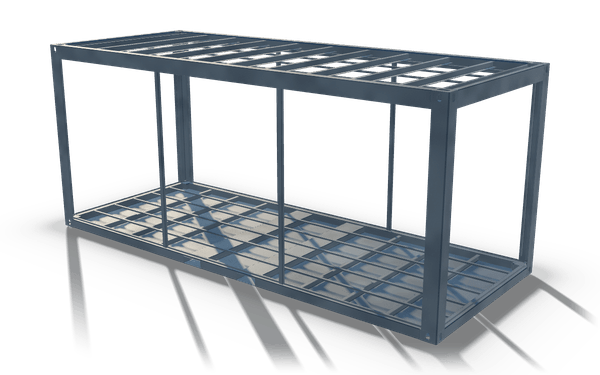 Cabin frame with floor and roof grids, 6.1 m, in raw steel: a box frame of hollow sections with a grid of cross members in its floor and in its roof, four corner posts and slim intermediate posts.