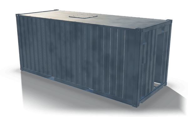 Container system, roll-off variant, 6 m, in raw steel: a corrugated body with a flat sheet roof, a round roof hatch and corner castings.