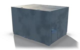 Closed machine cabin, 3.8 m, in raw steel: a closed cabin of flat wall panels with a roof of four cover panels with lifting handles and a small hatch opening low at one corner.