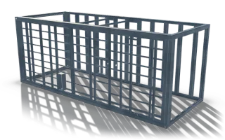 Modular building frame with wall studs, 7.5 m, in raw steel: a long box frame of hollow sections whose side walls are filled with closely spaced studs and horizontal rails, with an open end and cross members in the roof.