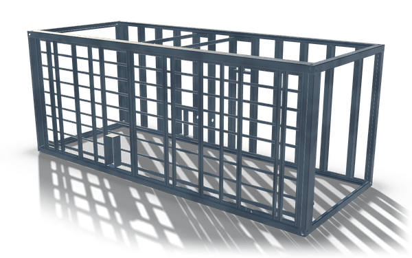 Modular building frame with wall studs, 7.5 m, in raw steel: a long box frame of hollow sections whose side walls are filled with closely spaced studs and horizontal rails, with an open end and cross members in the roof.