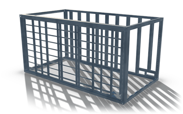 Wide modular building frame, 6 m, in raw steel: a wide box frame of hollow sections with studs and horizontal rails in its walls, corner posts and an open roof.
