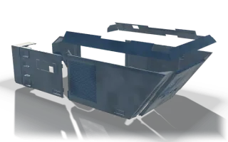 Machine house cladding set with louvred panels, 5.4 m, in raw steel: plated housing panels with louvred vents, a small end bracket and a base rail.