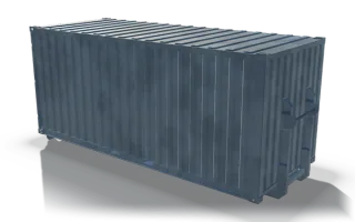 Roll-off container body with hook front, 6.4 m, in raw steel: a closed corrugated body on rollers with an upright hook frame and its hook bar on the front wall.