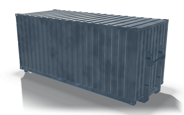 Roll-off container body with hook front, 6.4 m, in raw steel: a closed corrugated body on rollers with an upright hook frame and its hook bar on the front wall.