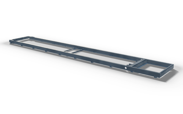Box body substructure, 7.4 m, in raw steel: a long ladder subframe of two rails and cross members with a rear cross beam.