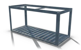 Modular building frame, 6 m, in raw steel: a rectangular tube frame with four corner posts, a ribbed floor deck and an open roof frame.
