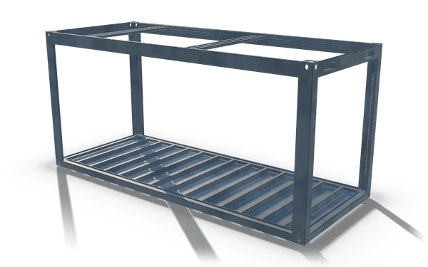 Modular building frame, 6 m, in raw steel: a rectangular tube frame with four corner posts, a ribbed floor deck and an open roof frame.