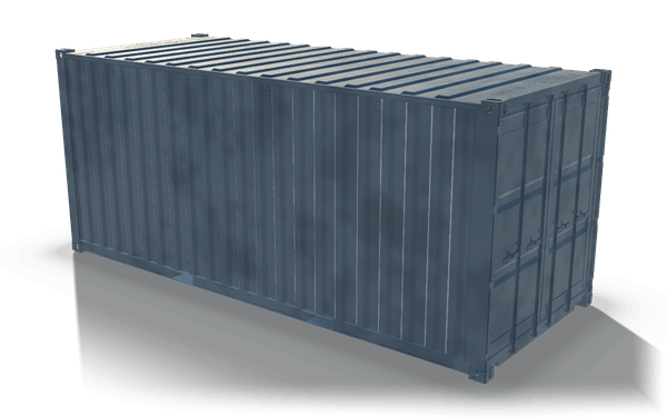 Closed container with end doors, 6.1 m, in raw steel: a closed container with corrugated side walls and roof, corner castings and double end doors with locking bars.