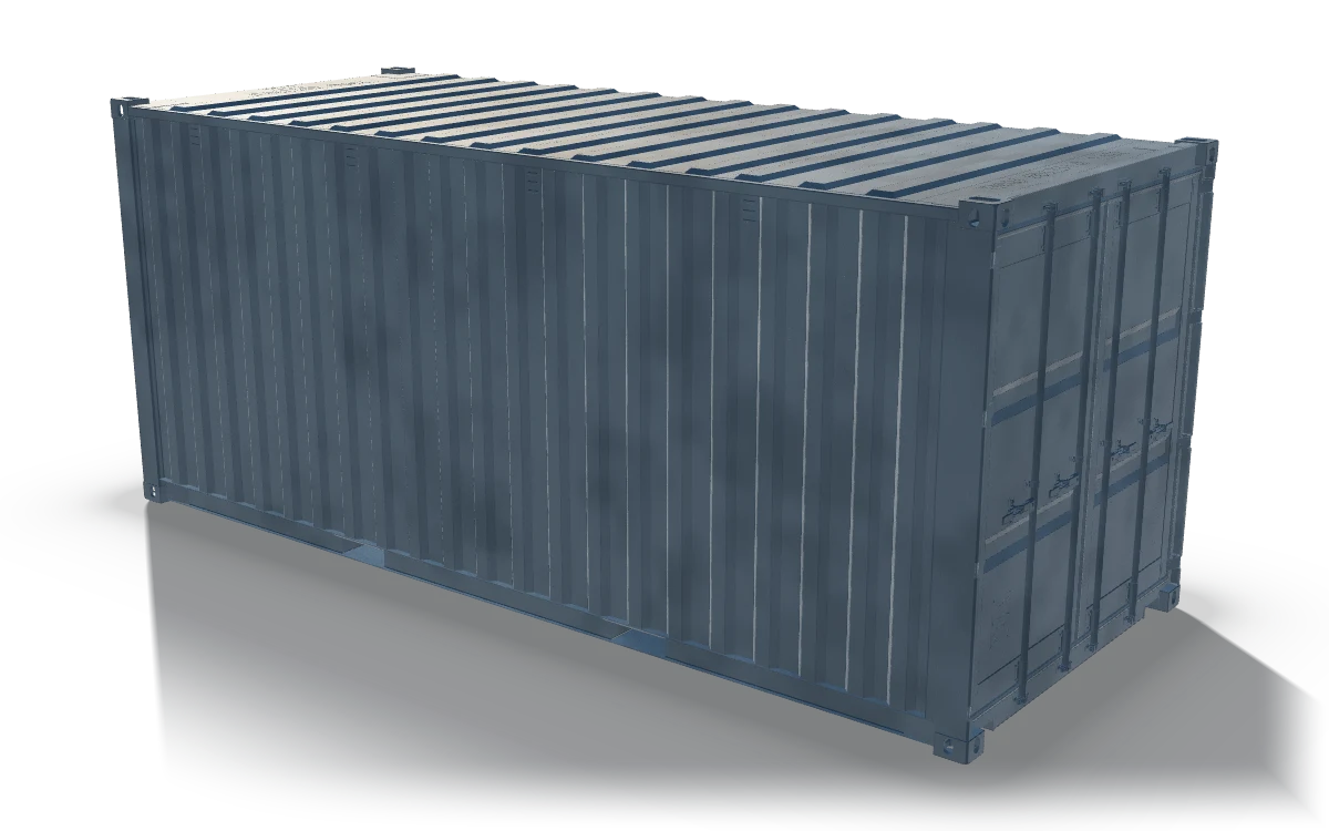 Closed container with end doors, 6.1 m, in raw steel: a closed container with corrugated side walls and roof, corner castings and double end doors with locking bars.