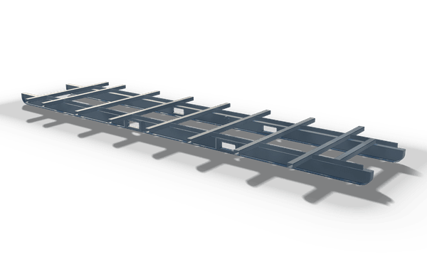 Welded ladder frame, 6.5 m, in raw steel: two longitudinal rails joined by a row of cross rungs, lying flat.
