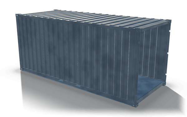 Container shell with open end, 6.1 m, in raw steel: a container shell with corrugated side walls and a corrugated roof on corner castings, open at one end with no doors fitted.