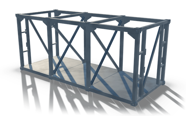 Braced container frame with three bays, 6.1 m, in raw steel: a container frame with corner castings divided into three bays by cross frames, with diagonal bracing in the side bays and a plate floor.