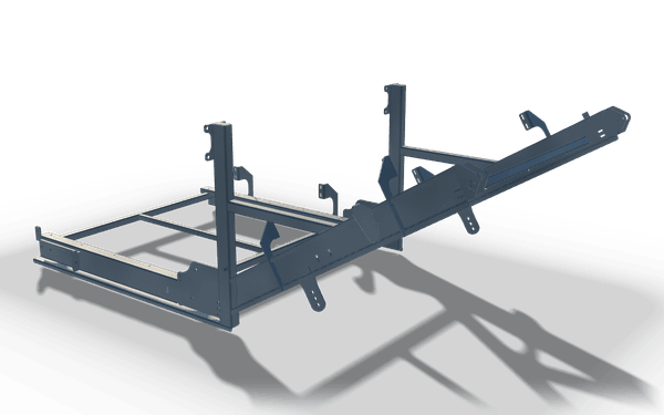 Kinked frame with upright posts, 2.8 m, in raw steel: a rectangular frame that kinks upward into a long plated arm, with two upright posts joined by a cross tube and small hook brackets.
