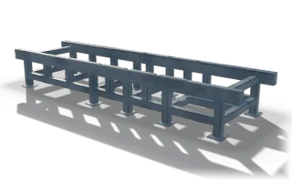 Machine bed frame, 6.3 m, in raw steel: two long top rails on rows of legs with foot plates, tied by cross members and a lower rail on each side.