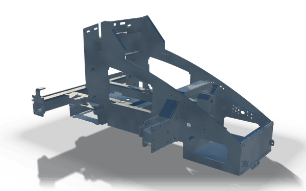 Chassis frame with cross member, 3.7 m, in raw steel: plated side walls with a curved top edge, an upright tower of plates at one end and two box rails projecting from the side.