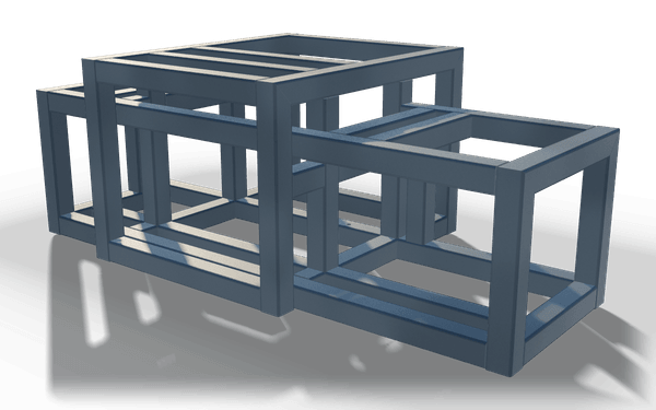 Cage frame of three nested boxes, 2.1 m, in raw steel: three open box frames of square tube set into one another, the middle one taller than the two at its sides.