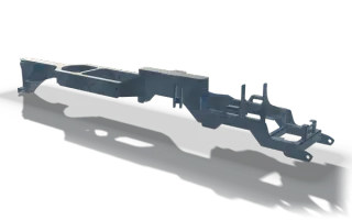 Welded main frame, 9.5 m, in raw steel: two long box rails joined by a cross tower, with a machined bearing plate at one end and a bracketed pivot at the other.