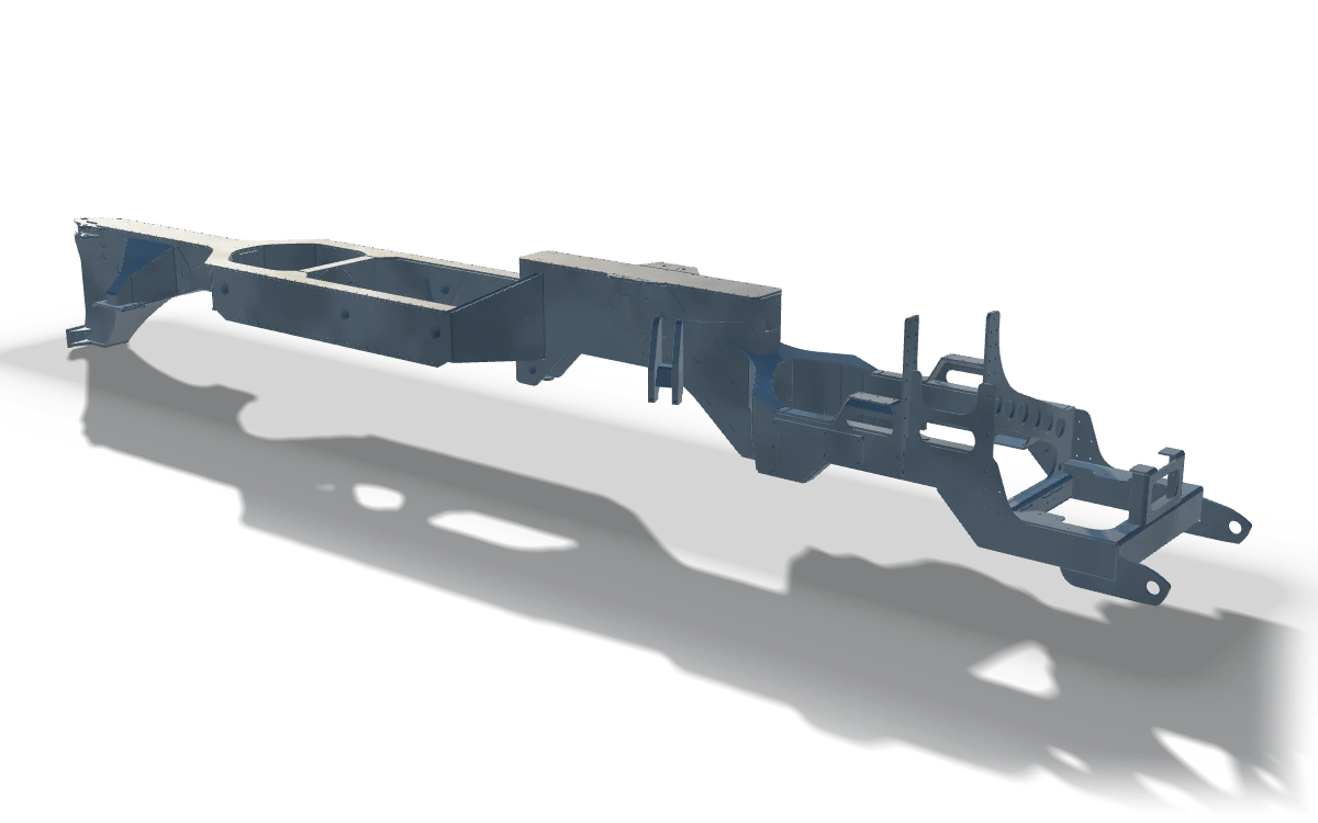 Welded main frame, 9.5 m, in raw steel: two long box rails joined by a cross tower, with a machined bearing plate at one end and a bracketed pivot at the other.