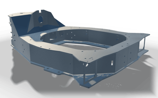 Front chassis weldment, 1.5 m, in raw steel: a low plate frame around a wide oval opening, with a raised bracket and a bearing bore at one end.