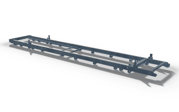 Subframe with cross members, 6.9 m, in raw steel: two long rails joined by cross members, with rows of small mounting brackets along both sides and a boxed end section.