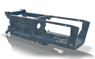 Machine frame weldment, 9.3 m, in raw steel: plated side walls with a large round bearing opening, a ribbed floor and an open top.
