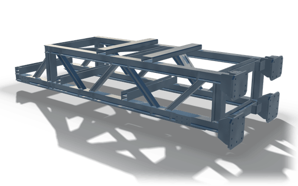 Lattice girder frame, 5.7 m, in raw steel: two lattice girders with diagonal bracing joined into a box frame, with cross beams on top and drilled end plates.