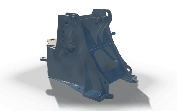 Heavy front frame with bearing mounts, 1.9 m, in raw steel: a ribbed box base with bolting lugs at its corners, carrying two tall cheek plates with pin bores and lifting lugs.